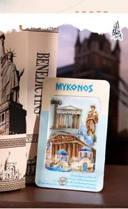 Detail von Vintage-Griechenland-Aufklebern mit Mykonos- und Parthenon-Illustrationen