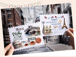 Detail von Reisetext-Briefmarken mit Kolosseum und Eiffelturm für Scrapbooking