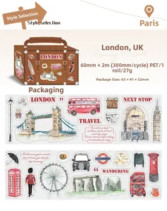Detail von London PET-Klebeband mit Aquarell-Big-Ben, rotem Bus und Telefonzellen-Aufklebern