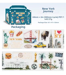Details des PET-Dekotapes mit New York Wahrzeichen in einer blauen Koffer-Verpackung