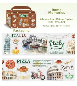 Details des 60-mm-PET-Washi-Tapes mit handgezeichneten Rom-Wahrzeichen und italienischen Motiven