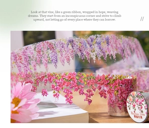 Macro detail of PET tape featuring wisteria and bougainvillea flower patterns