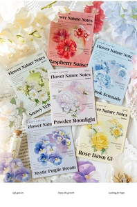 Flat lay of vintage PET floral stickers with lace and dried flowers for journaling