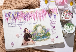 Detail of vintage PET tape showing wisteria flowers and fountain collage on notebook