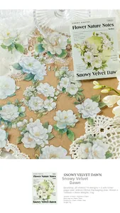 Detail showing vintage floral PET stickers with size and weight specs on a soft background
