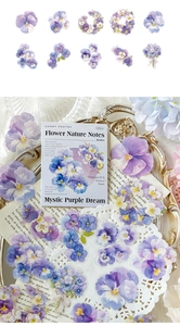 Detail view of purple pansy PET stickers from Flower Nature Notes series with vintage vibes