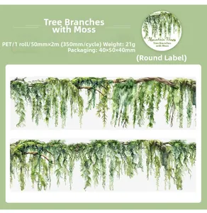 Detail van PET-decoratietape met botanische patronen van groen mos en wijnstokken
