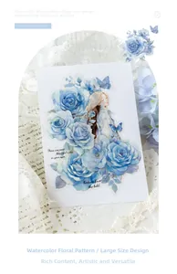 Detailed macro of large watercolor PET stickers with blue roses and elegant girls