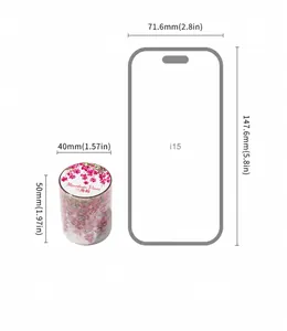 Gedetailleerde groottevergelijking van 50mm bougainvillea PET-tape met een telefoonschaal