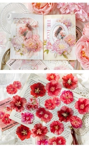 Detail view of floral PET stickers with roses and vintage motifs for scrapbooking