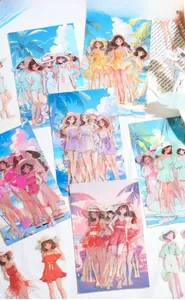 Detail of summer beach theme PET stickers featuring anime girls for DIY journals
