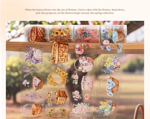 Detailed pattern of floral PET tape with sunflowers and woven baskets for DIY journals