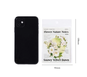 Size comparison of flower PET stickers packaging showing 138x95mm dimensions next to a phone