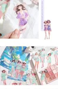 Detail of self-adhesive PET stickers featuring summer anime girl themes for journaling