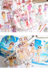 Detailed view of assorted anime girl PET stickers for summer beach themed journaling DIY