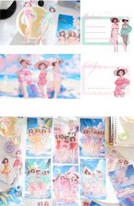 Detail of summer themed PET stickers featuring anime girls and decorative craft materials
