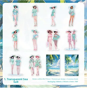 Detail of PET summer beach theme stickers featuring 10 characters and 2 seaside scenes