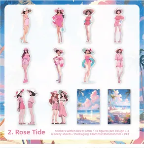 Detail view of Rose Tide Rise PET stickers showing 10 anime girl characters and scenery
