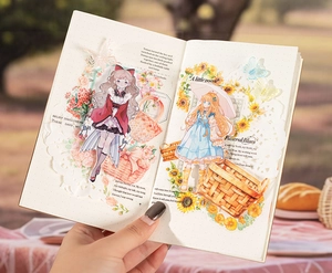 Close-up of girl and flower basket PET tape stickers used on notebook collage pages