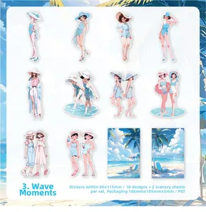 Detail view of Summer Seaside PET stickers showing anime girls and beach scenery theme