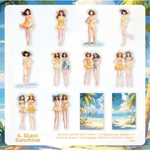 Matrix layout of PET beach stickers showing 10 characters and 2 scenery cards