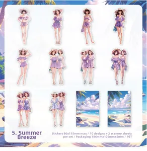 Detail view of summer beach theme PET stickers with purple illustrated characters for DIY crafts