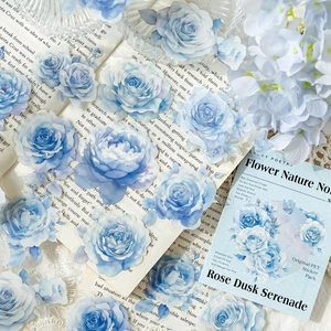Blue rose PET stickers set for floral junk journals featuring vintage watercolor botanical art