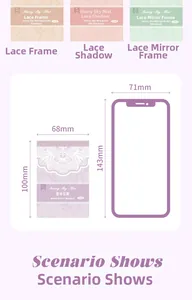 Detailed size comparison of PET lace stickers featuring translucent floral frame designs
