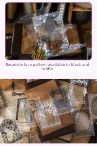 Detail of vintage PET lace stickers with black and white floral frames for journaling