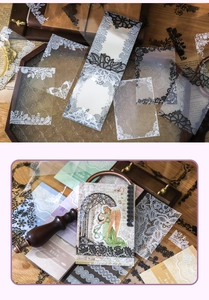 Detail van vintage PET kantstickers met engelillustraties voor scrapbook decoratie