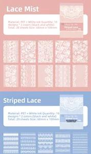 Detailed close-up of vintage PET lace stickers showing fine white ink floral textures