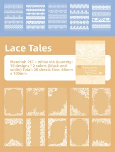 Detailed view of PET lace stickers with white ink floral patterns for scrapbooking