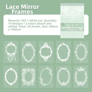 Detailed view of vintage lace PET stickers with white ink design for scrapbooking