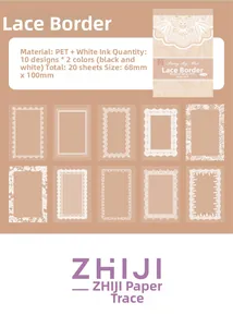 Detailed specs of lace PET stickers with 10 patterns in white and black for scrapbooking