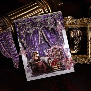 Barock-Themenkarte mit Vintage-Dame, lila Vorhängen und 3D-Schmetterling für Scrapbooking