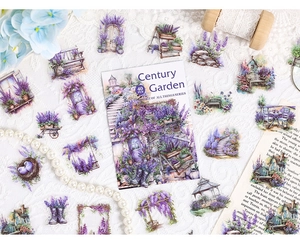 Detalle de pegatinas PET Century Garden con macetas de lavanda y papelería vintage