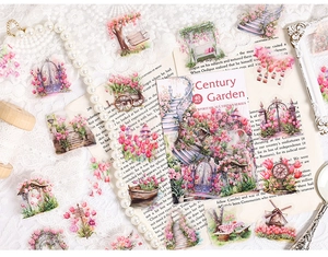 Vista macro de las pegatinas PET Century Garden con flores vintage y paisajes de jardines