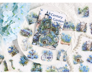 Vista detallada de las pegatinas vintage Century Garden con motivos florales azules PET