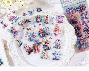 Detail of transparent PET flower fairy stickers with vintage floral and butterfly motifs