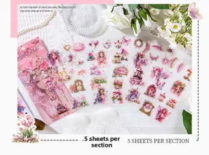 Gros plan d'autocollants décoratifs de fées roses avec châteaux et motifs floraux