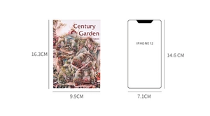Comparación de tamaño de pegatinas Century Garden PET junto a un iPhone 12 para escala