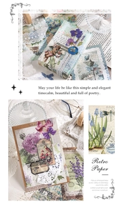 Detail of vintage scrapbooking paper featuring purple florals and butterfly patterns