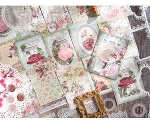 Detailed flat lay of vintage Victorian scrapbooking paper with roses and lace borders