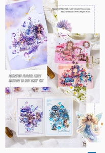 Detail of dreamlike fairy stickers with flower castles and mushrooms for journaling