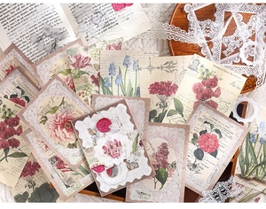 Detailed view of vintage scrapbook paper with floral patterns and lace textures