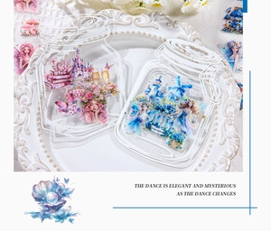 Detailed macro of PET fairy stickers with transparent bottles and fantasy castle designs