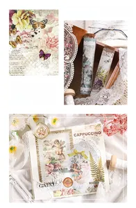 Detailed view of vintage flower and butterfly scrapbook stickers for DIY journal decor