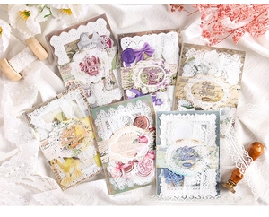 Detailed flat lay of 40pcs vintage lace paper and stickers for DIY scrapbooking projects