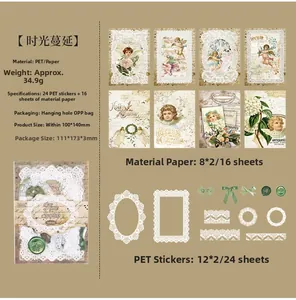 Detail view of retro DIY scrapbook material set with vintage PET stickers and paper sheets