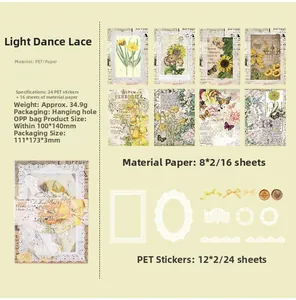 Detail view of vintage lace stationery set with PET stickers and decorative paper sheets